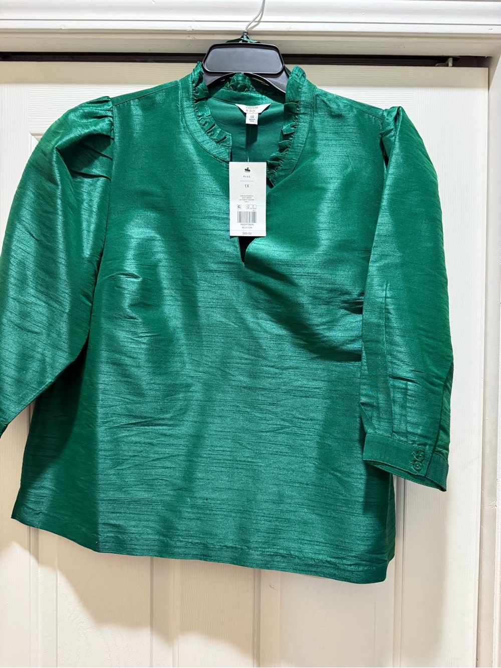 Crown and Ivy Emerald Green Satin Blouse with Ruffle Neck 1x